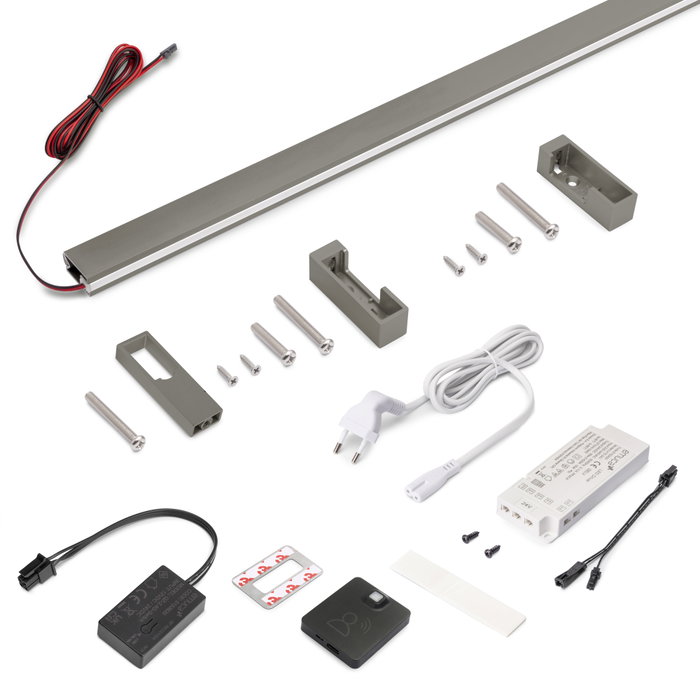 Emuca Kit de barra para armario Luxe, tira LED 4,5x8 Neonlynx V, sensor de movimiento RF Smart y convertidor Smart (24V DC), longitud 1.150mm, Luz blanca cálida 2.700K, Plástico y Aluminio, Titanio Emuca Kit de barra para armario Luxe, tira LED 4,5x8 Neonlynx V, sensor de movimiento RF Smart y convertidor Smart (24V DC), longitud 1.150mm, Luz blanca cálida 2.700K, Plástico y Aluminio, Titanio