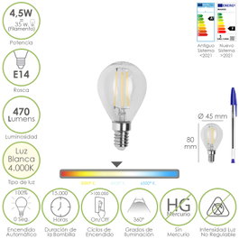 MAURER Bombilla LED Filamento Globo E14 4,5W 470lm 4000K