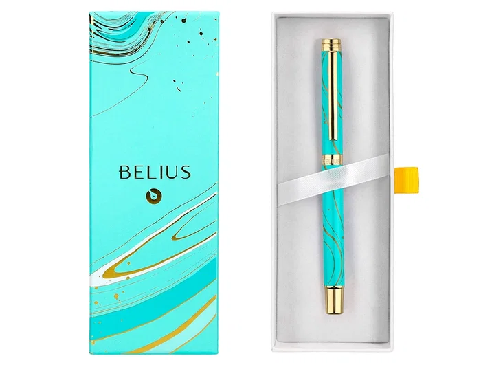 Belius Roller Aqua Turquesa y Dorado Tinta Negra Punta 0.7mm Caja Diseño