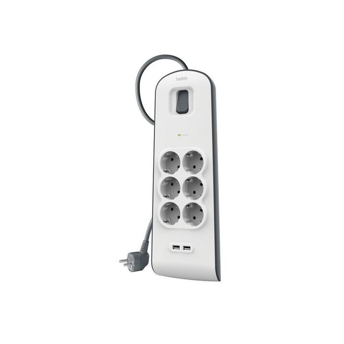 Belkin BSV604VF2M-V2 Regleta de alimentación 6 tomas + 2 puertos USB-A 2,4 A con protección contra sobretensiones