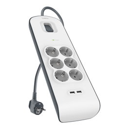 Belkin BSV604VF2M-V2 Regleta de 6 Tomas AC y 2 Puertos USB-A Gris, Blanco