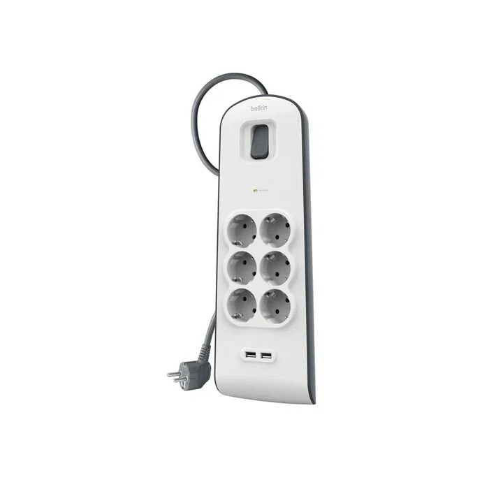 Belkin BSV604VF2M-V2 Regleta con 6 Tomas AC y 2 Puertos USB-A Gris, Blanco