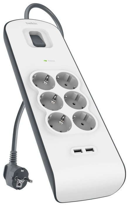 Belkin BSV604VF2M-V2 Regleta de 6 Tomas AC y 2 Puertos USB-A Gris, Blanco