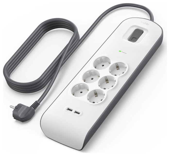 Belkin BSV604VF2M-V2 Regleta de 6 Tomas AC y 2 Puertos USB-A Gris, Blanco