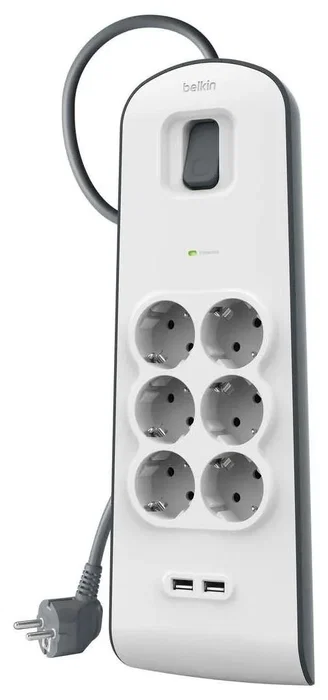 Belkin BSV604VF2M-V2 Regleta de 6 Tomas AC y 2 Puertos USB-A Gris, Blanco