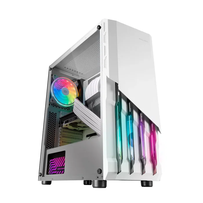 Mars Gaming MC-X2 Torre Gaming ATX, Caja Semitorre con Ventana Lateral, Color Blanco, 2 Ventiladores FRGB Incluidos, Soporte para GPU hasta 317mm y Refrigeración Líquida 240mm