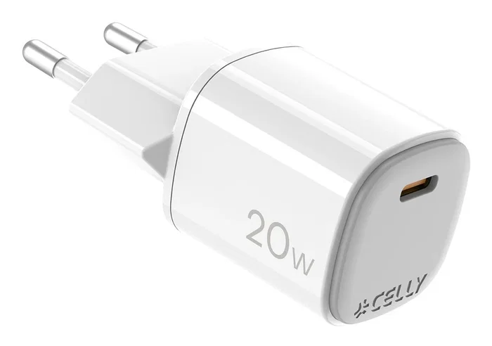 Celly Cargador de Pared GaN 20W UPTC1USBC20WWH, 1 Puerto USB-C, Carga Rápida, Compacto para Viaje, Color Blanco, Para Smartphone, Tablet, Reloj Inteligente