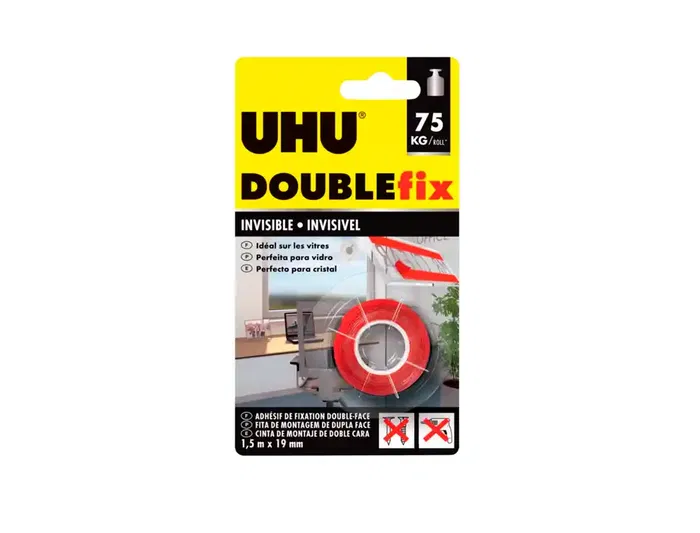Uhu Cinta Adhesiva Doublefix Invisible Doble Cara Extra Fuerte 1,5 m x 19 mm, para Montar y Fijar Objetos Permanentes en Interiores y Exteriores
