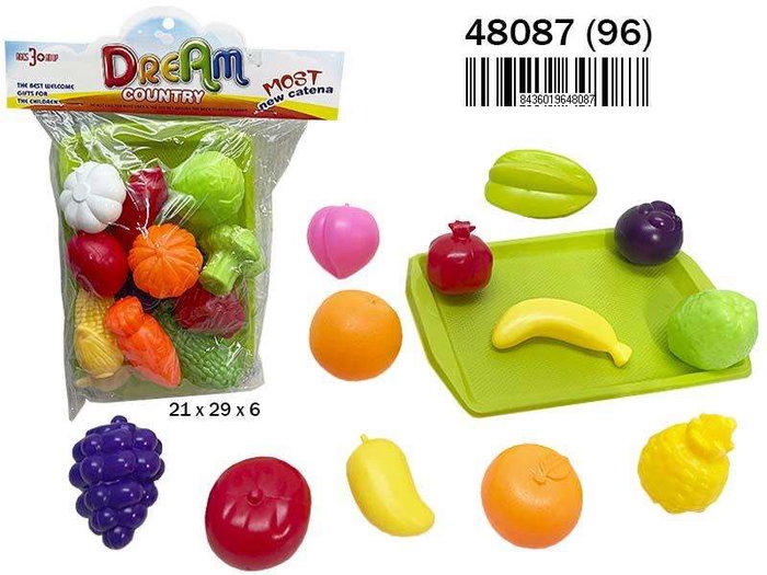 Rama Bandeja de Frutas y Verduras - Juego de Corte de Madera 13 Piezas con Cuchillo, 21x29x6 cm, Juguete Educativo para Niños +18 Meses