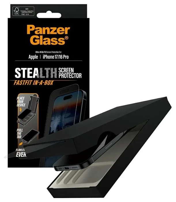 PanzerGlass Stealth Screen Protector con marco negro para iPhone 17 y iPhone 16 Pro
