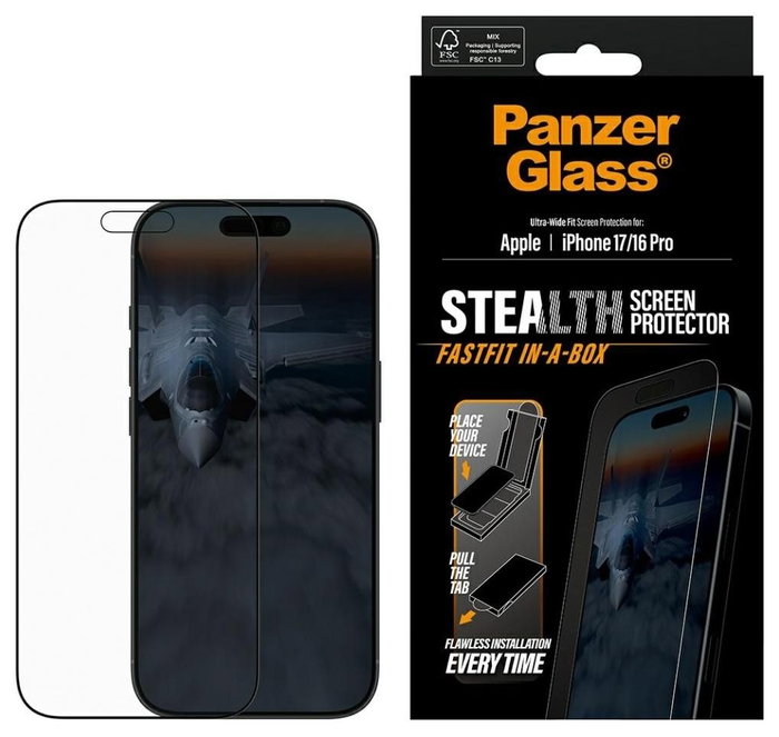 PanzerGlass Stealth Screen Protector con marco negro para iPhone 17 y iPhone 16 Pro