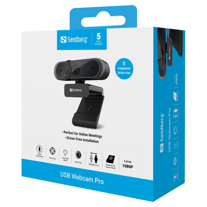 Sandberg USB Webcam Pro Full HD 5 MP Negro