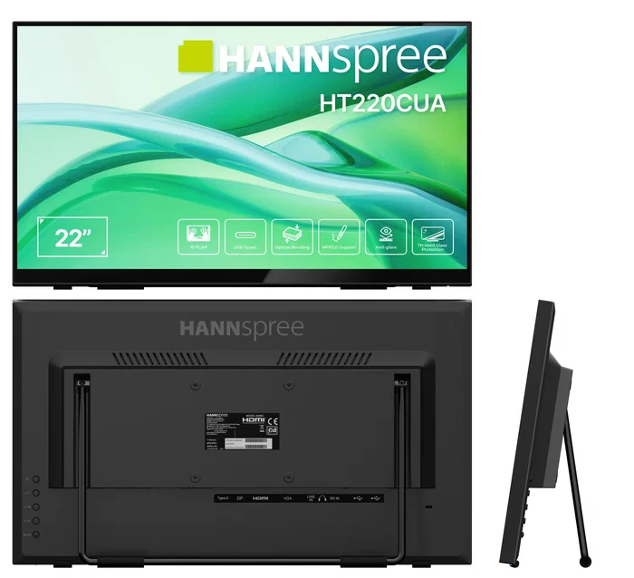 Hannspree HT220CUA Monitor táctil de 21.4" / 54.5 cm Full HD 1920x1080 IPS LED 6 ms 270 cd/m² Negro con altavoces, HDMI, DisplayPort y montaje VESA