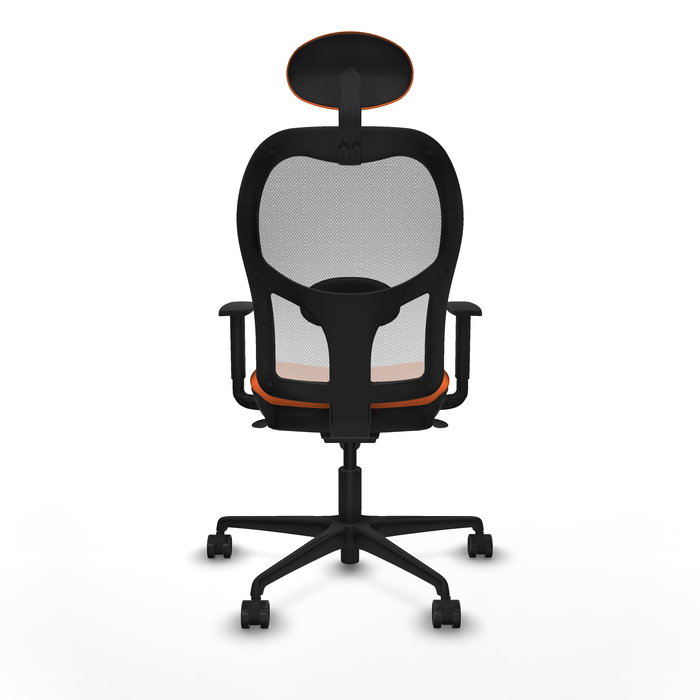 Silla de oficina Jorquera con mecanismo Sincro tapizada con Tela color Naranja y malla color Blanco. Equipada con lumbar 1D, Brazos 1D, Cabecero Fijo y Ruedas 65mm nailon