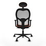 Silla de oficina Jorquera con mecanismo Sincro tapizada con Tela color Naranja y malla color Blanco. Equipada con lumbar 1D, Brazos 1D, Cabecero Fijo y Ruedas 65mm nailon