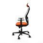 Silla de oficina Jorquera con mecanismo Sincro tapizada con Tela color Naranja y malla color Blanco. Equipada con lumbar 1D, Brazos 1D, Cabecero Fijo y Ruedas 65mm nailon