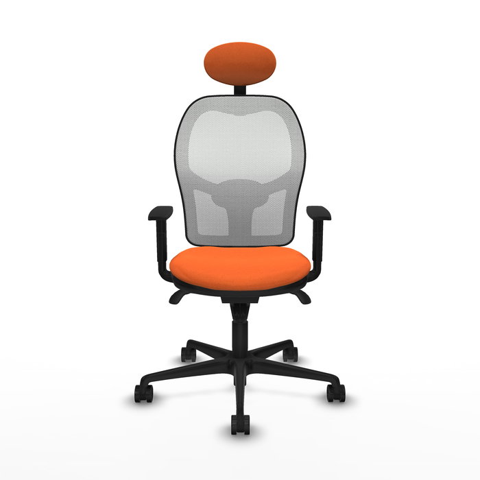 Silla de oficina Jorquera con mecanismo Sincro tapizada con Tela color Naranja y malla color Blanco. Equipada con lumbar 1D, Brazos 1D, Cabecero Fijo y Ruedas 65mm nailon