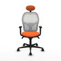 Silla de oficina Jorquera con mecanismo Sincro tapizada con Tela color Naranja y malla color Blanco. Equipada con lumbar 1D, Brazos 1D, Cabecero Fijo y Ruedas 65mm nailon