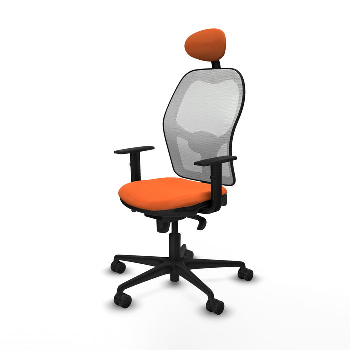 Silla de oficina Jorquera con mecanismo Sincro tapizada con Tela color Naranja y malla color Blanco. Equipada con lumbar 1D, Brazos 1D, Cabecero Fijo y Ruedas 65mm nailon
