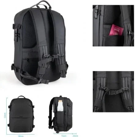 TooQ Mochila de Viaje TQBP-V101-BK con Bomba de Aire, Sistema de Compresión al Vacío, Capacidad 30-55L, Acolchada para Portátil 17", Negro, Resistente al Agua