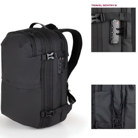 TooQ Mochila de Viaje TQBP-V101-BK con Bomba de Aire, Sistema de Compresión al Vacío, Capacidad 30-55L, Acolchada para Portátil 17", Negro, Resistente al Agua