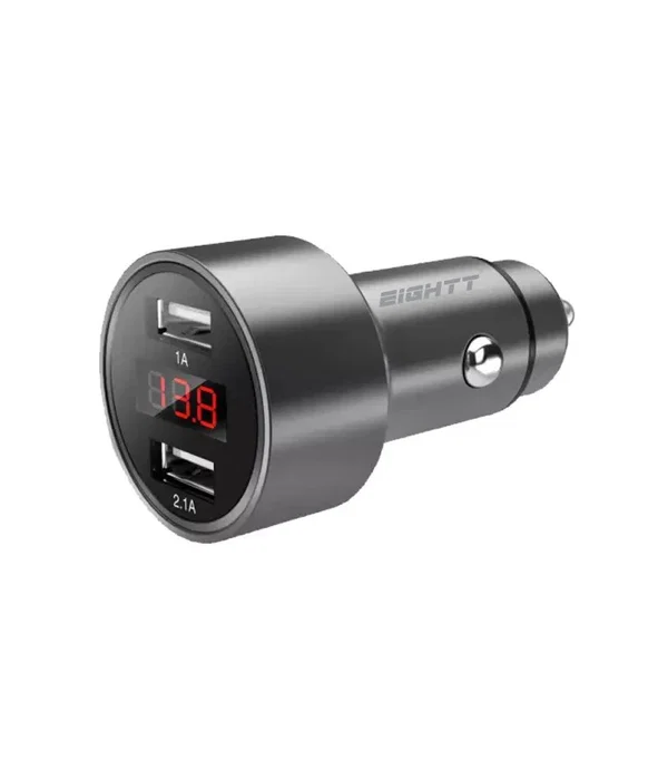 Eightt ECC2 Cargador USB para Coche con Display LED, 2 Puertos (5V/2.4A Max, 12W Total), Carga Rápida, Carcasa de Aluminio Gris, Protección Integrada - Para Móvil y Tablet