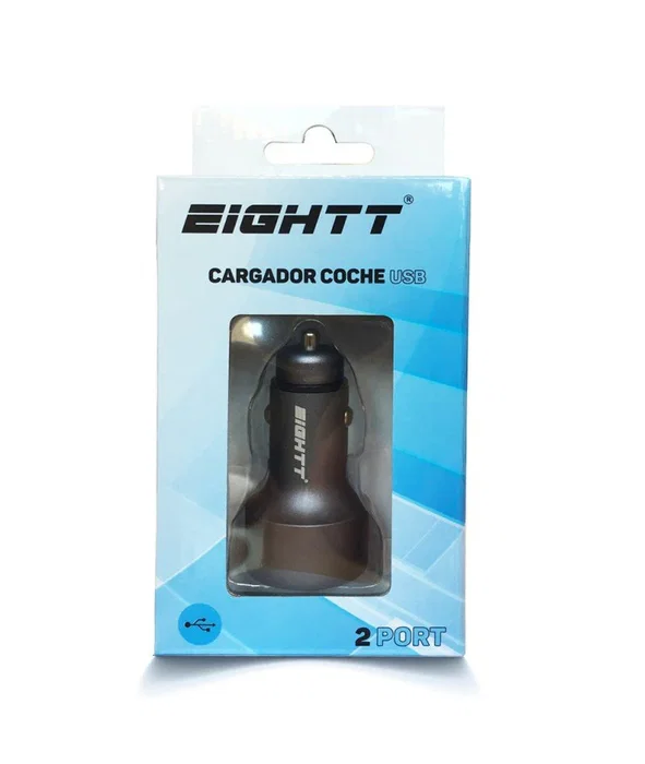 Eightt ECC2 Cargador USB para Coche con Display LED, 2 Puertos (5V/2.4A Max, 12W Total), Carga Rápida, Carcasa de Aluminio Gris, Protección Integrada - Para Móvil y Tablet