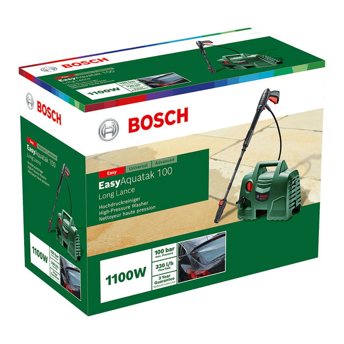 Bosch Aquatak 100 0 600 8A7 E01 - Hidrolimpiadora de Alta Presión Eléctrica Compacta 1100W, 100 bar, 5.5 l/h, Manguera 3m, Verde