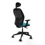 Silla de oficina Alocén con mecanismo Sincro tapizada con Tela color Turquesa y malla color Negro. Equipada con lumbar 1D, Brazos 2D, Cabecero Fijo y Ruedas 65mm nailon
