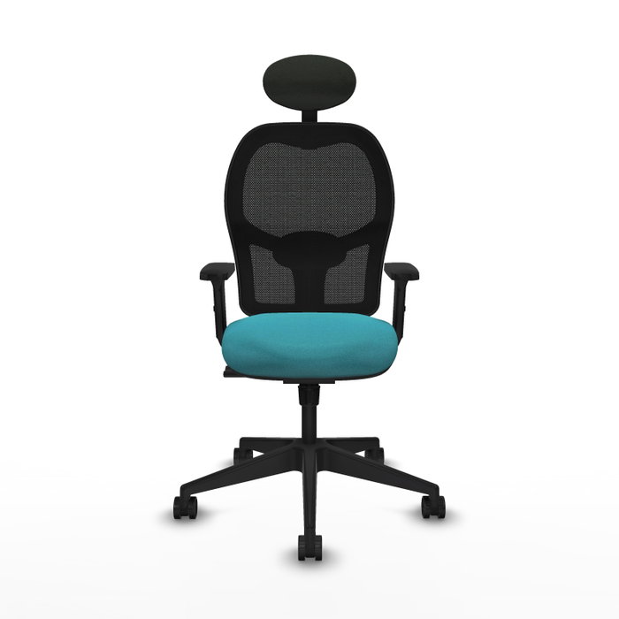 Silla de oficina Alocén con mecanismo Sincro tapizada con Tela color Turquesa y malla color Negro. Equipada con lumbar 1D, Brazos 2D, Cabecero Fijo y Ruedas 65mm nailon
