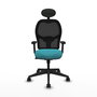 Silla de oficina Alocén con mecanismo Sincro tapizada con Tela color Turquesa y malla color Negro. Equipada con lumbar 1D, Brazos 2D, Cabecero Fijo y Ruedas 65mm nailon