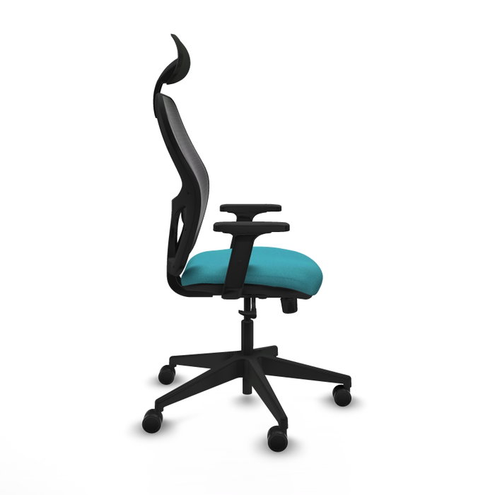 Silla de oficina Alocén con mecanismo Sincro tapizada con Tela color Turquesa y malla color Negro. Equipada con lumbar 1D, Brazos 2D, Cabecero Fijo y Ruedas 65mm nailon