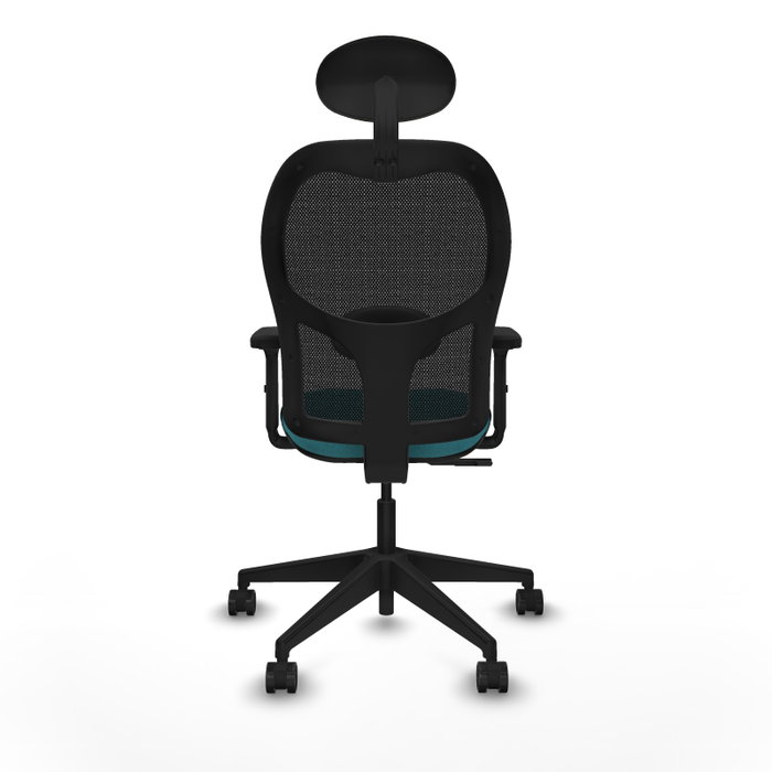 Silla de oficina Alocén con mecanismo Sincro tapizada con Tela color Turquesa y malla color Negro. Equipada con lumbar 1D, Brazos 2D, Cabecero Fijo y Ruedas 65mm nailon