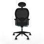 Silla de oficina Alocén con mecanismo Sincro tapizada con Tela color Turquesa y malla color Negro. Equipada con lumbar 1D, Brazos 2D, Cabecero Fijo y Ruedas 65mm nailon