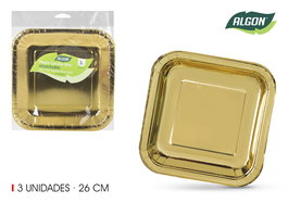 Algon Set 3 Platos Cartón Oro Cuadrados 26 cm (18 Unidades)
