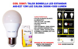 TALOX Bombilla LED A60-E27 12W Luz Cálida 3000K 1000 Lumen