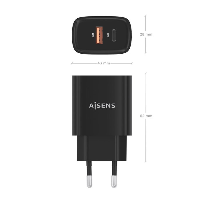 Aisens Cargador GaN 30W con USB-C PD 3.0 y USB-A QC 3.0, Negro Aisens Cargador GaN 30W con USB-C PD 3.0 y USB-A QC 3.0, Negro