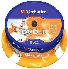 Verbatim DVD-R 4.7GB 16X 25 Pack Spindle Superficie Wide Inkjet Printable 21-118 mm Verbatim DVD-R 4.7GB 16X 25 Pack Spindle Superficie Wide Inkjet Printable 21-118 mm