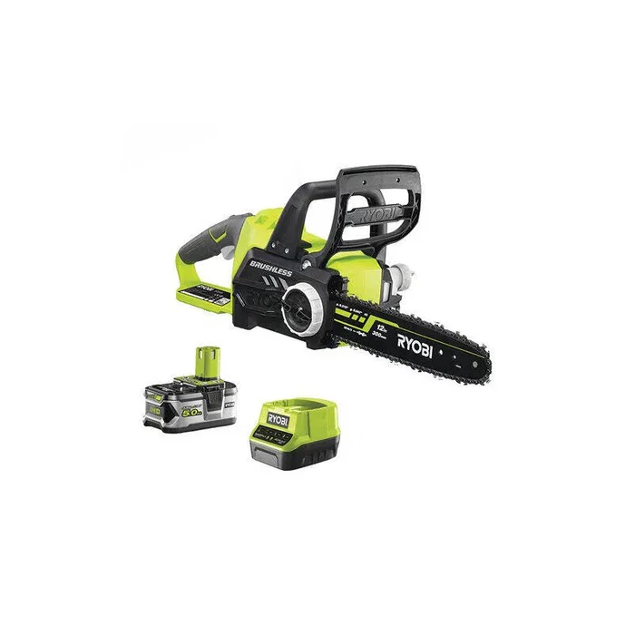 Ryobi RCS18X3050F - Motosierra eléctrica sin escobillas 18V, barra de 30 cm, con batería Li-Ion 5Ah, cargador, freno de cadena, antivibración