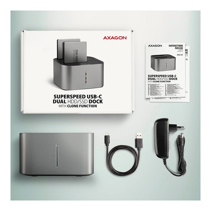Axagon ADSA-DC Dock Station USB3.2 Gen1 - 2x SATA 6G CLONE DUAL HDD ASMedia
