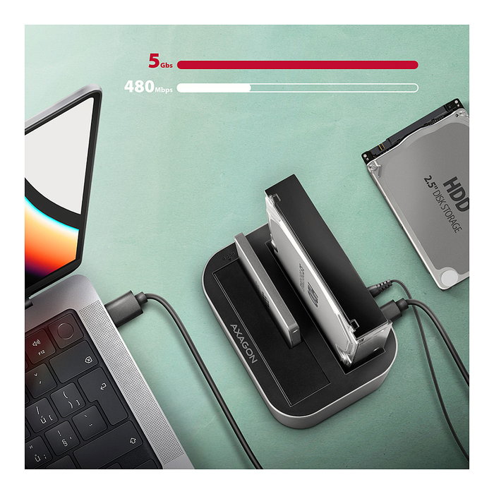 Axagon ADSA-DC Dock Station USB3.2 Gen1 - 2x SATA 6G CLONE DUAL HDD ASMedia