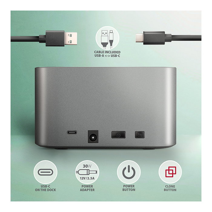 Axagon ADSA-DC Dock Station USB3.2 Gen1 - 2x SATA 6G CLONE DUAL HDD ASMedia