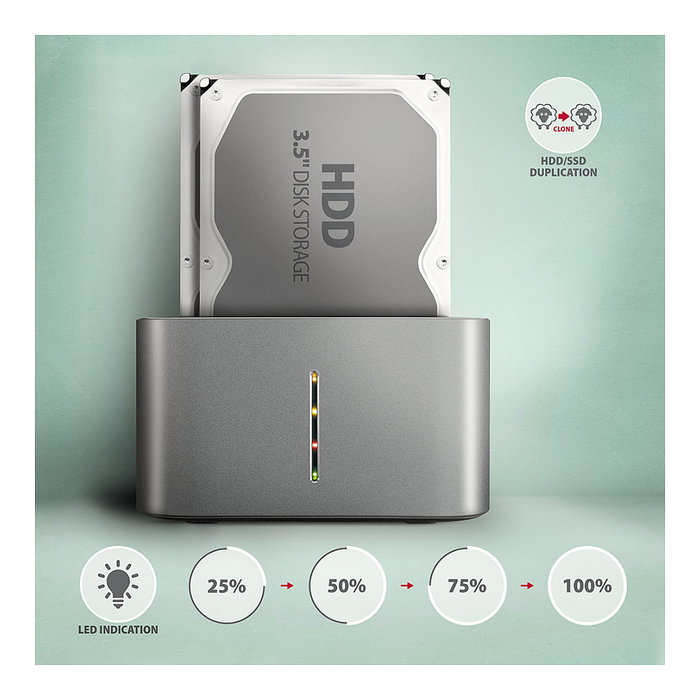 Axagon ADSA-DC Dock Station USB3.2 Gen1 - 2x SATA 6G CLONE DUAL HDD ASMedia