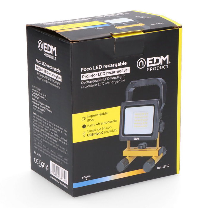 Edm Foco led recargable 20w 2000lm 6500k, IP54, CRI80, con 2 Baterías 18650 2000mah, Carga USB-C