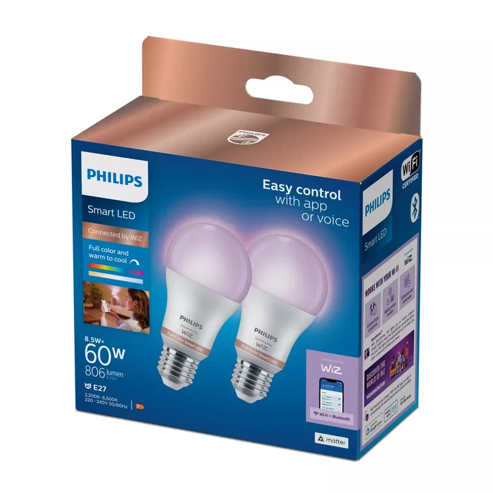 Philips PHI WFB Bombilla LED Inteligente Wi-Fi/Bluetooth A60 E27 8.5W (Equivalente 60W) RGB Blanco Escarchado - Clase F, 806 Lúmenes