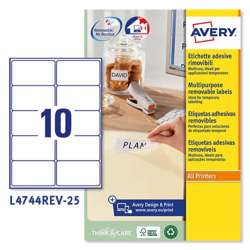 Avery L4744REV-25 Paquete 25 Hojas Etiquetas Despegables Ecológicas Certificadas FSC, A4, Mate, 96 x 50,8 mm Avery L4744REV-25 Paquete 25 Hojas Etiquetas Despegables Ecológicas Certificadas FSC, A4, Mate, 96 x 50,8 mm