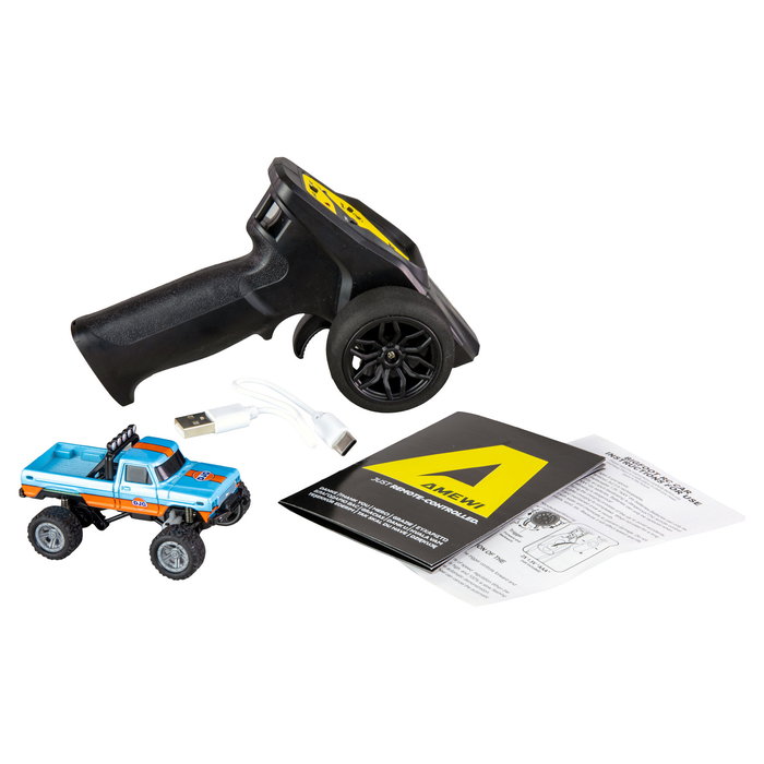 AMEWI 22698 Camión Monstruo RC 1:64 RTR Listo Para Usar, Efectos de Luz, Radio Control 2.4GHz, Color Azul/Naranja, 8 km/h, Con Batería Recargable