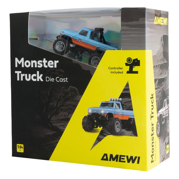 AMEWI 22698 Camión Monstruo RC 1:64 RTR Listo Para Usar, Efectos de Luz, Radio Control 2.4GHz, Color Azul/Naranja, 8 km/h, Con Batería Recargable
