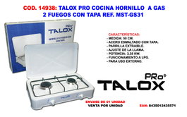 TALOX PRO Hornillo a gas de 2 fuegos con tapa MST-GS31