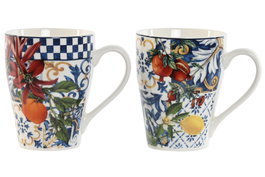 DKD Home Decor Mug Moderno Estilo Azulejos Limones Porcelana Azul Blanco 350ml Apto Microondas Lavavajillas (6 Unidades) 8.5 x 11 x 12 cm